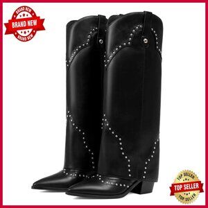 Knee High Fold Over Cowboy Boots Studded Western Slouch Pull On Fashion